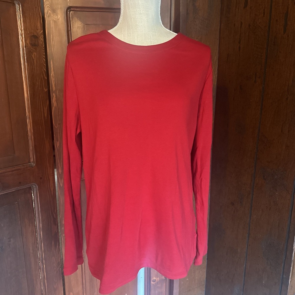 Womens J.Jill Pima Cotton Long Sleeve Tee Red Crew Neck Top‎ Medium Tunic EUC